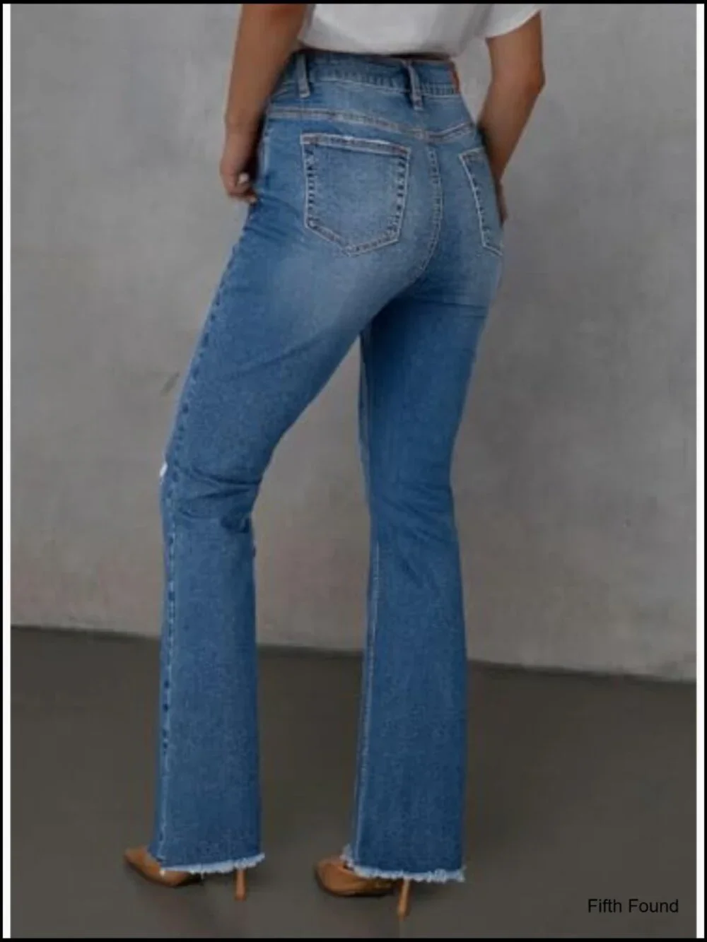 High Waisted Bell Bottom Flare Jeans Stretchy Ripped Distressed Raw Hem Pockets - Picture 2 of 7